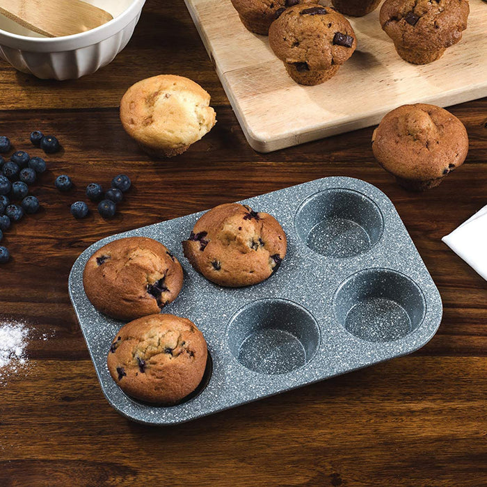 Premium Marble Collection Non-Stick Carbon Steel Muffin and Cupcake Baking Pan, 6-Cup