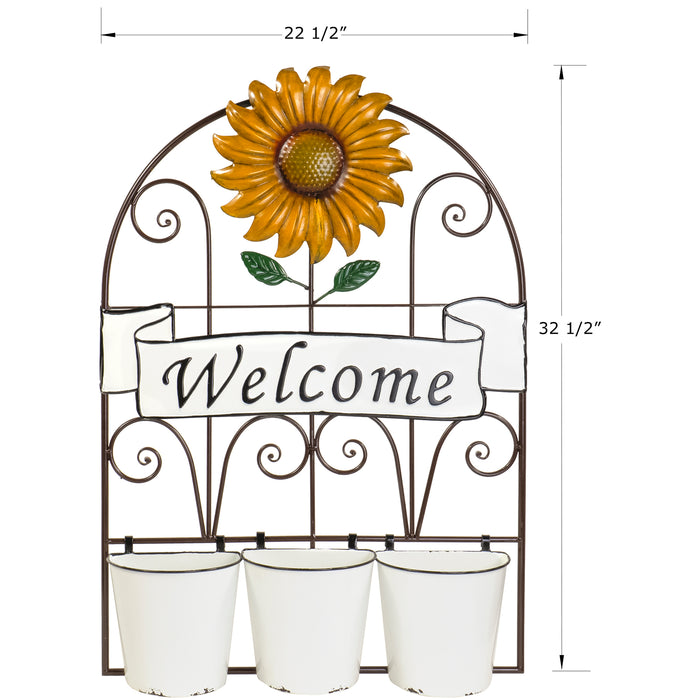 Red Co. Metal Sunflower Welcome Sign Wall Decoration with Planter Pots for Home and Garden Indoor Outdoor