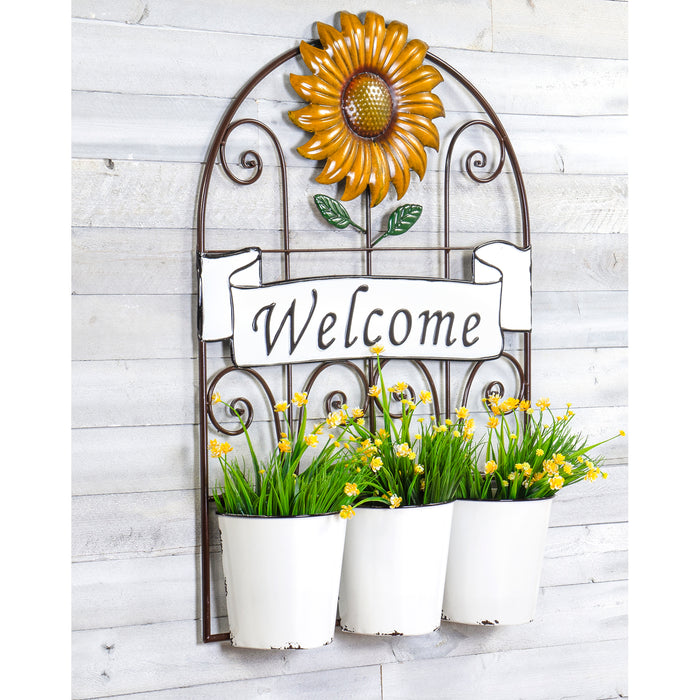 Red Co. Metal Sunflower Welcome Sign Wall Decoration with Planter Pots for Home and Garden Indoor Outdoor