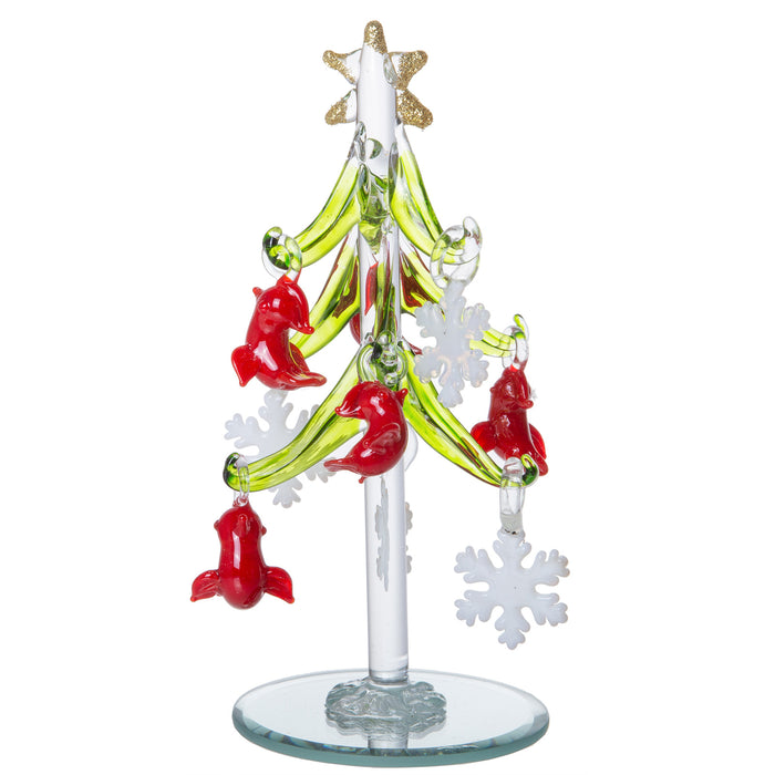 Mini Glass Christmas Tree, Small Table Top Holiday Season Décor with Removable Sphere Ornaments, White Snowflake & Red Cardinal, 6 Inches