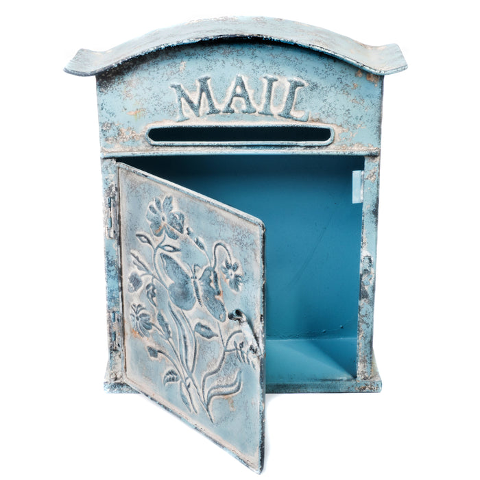 Farmhouse Embossed Tin Wall Mounted Post Mailbox, Rustic Style Decor, Distressed Blue - 12.5 H x 11 W Inches