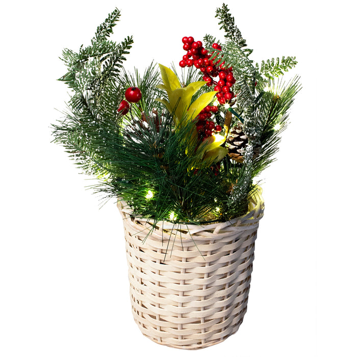 Red Co. 13" x 16" Light-Up Christmas Basket Centerpiece with Pine Cones and Cranberries, Battery Operated LED Lights with Timer