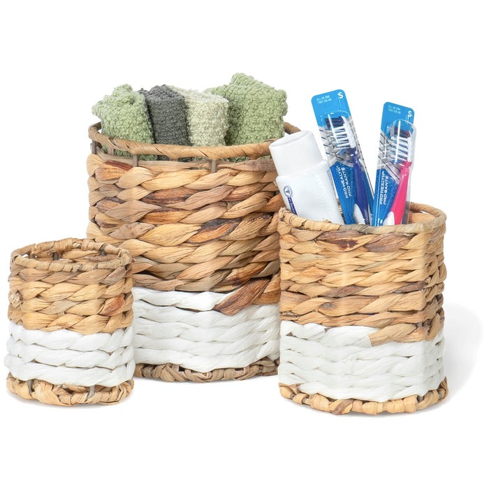 Red Co. 7”, 5”, and 4” Round Nesting Two-Tone Hand-Woven Seagrass Basket Bins Set of 3, Beige / White