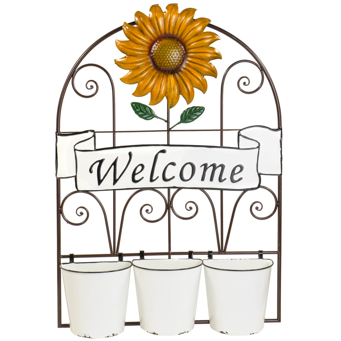 Red Co. Metal Sunflower Welcome Sign Wall Decoration with Planter Pots for Home and Garden Indoor Outdoor