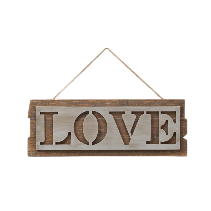 Red Co. Love Sign Silver Metal Wall Art On Wood Board, 24" x 8.5"