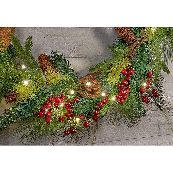 Red Co. Light-Up Christmas Wreath with Pinecones & Pine, Battery Operated LED Lights with Timer (36 inches - Diameter)