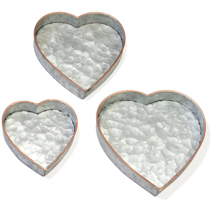 Red Co. Set of Decorative Nesting Galvanized Metal Heart Trays with Copper Rims in 3 Sizes, Distressed Grey/Rose Gold