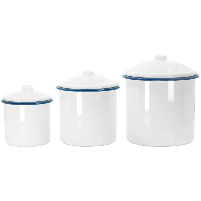 White Enamelware Mug Pots with Blue Rim & Lid - Set of 3 Nesting Cups, Perfect for Picnic, Camping, Outdoor Activity