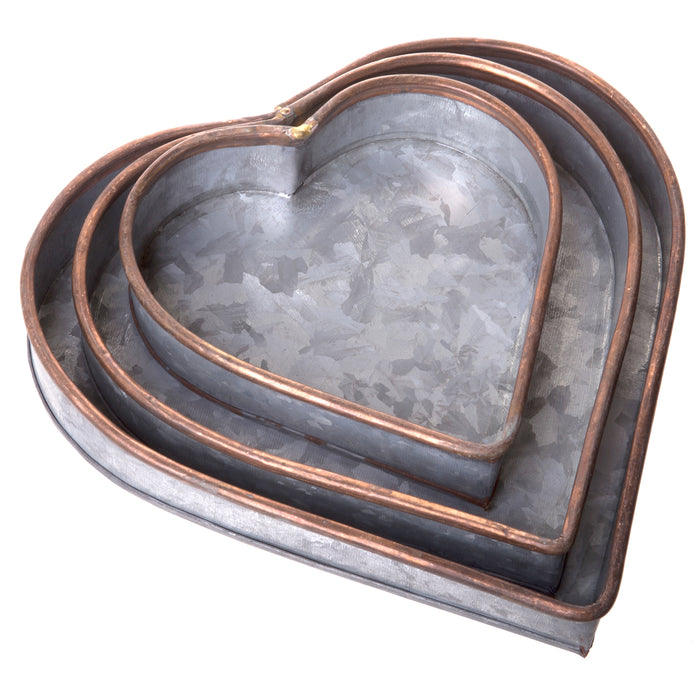 Red Co. Set of Decorative Nesting Galvanized Metal Heart Trays with Copper Rims in 3 Sizes, Distressed Grey/Rose Gold